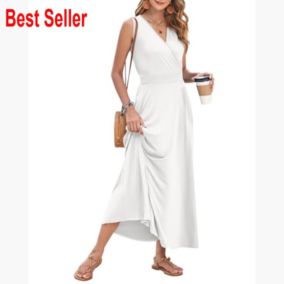 Polyester Spandex Maxi Dress Sleeveless V-Neck Wrap Waist with Pockets - Picture 2 of 5